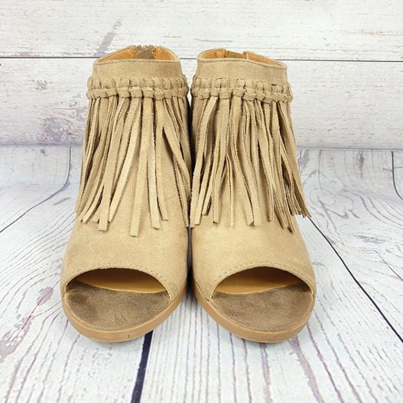 Soda Peep Toe Fringe Bootie Khaki Size 6.5 - Picture 2 of 10